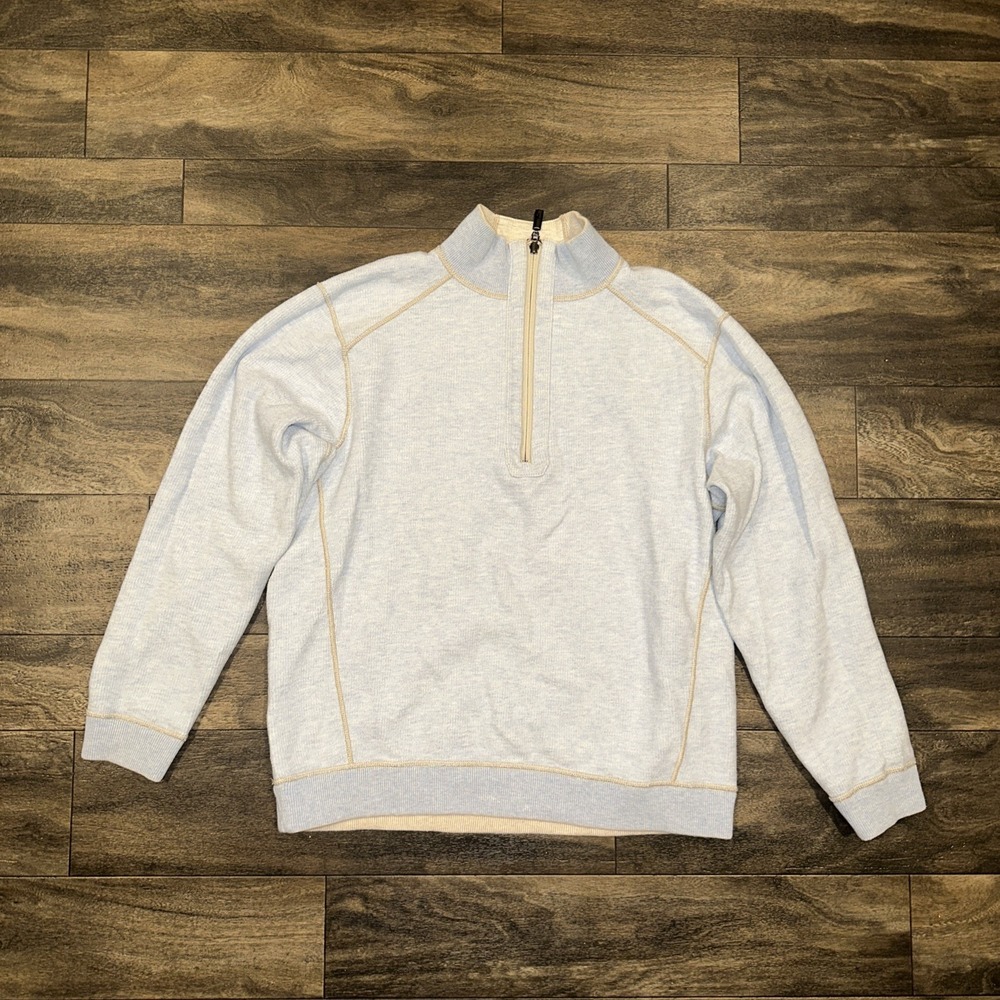 Tommy Bahama 1/4 Zip Fleece Pullover Sweater Long-Sleeve Men's Large Blue/Beige